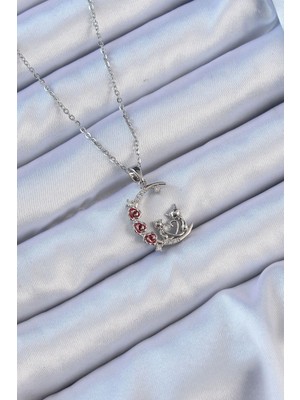 Aspata Store Buğz 316L Çelik Zincir Gümüş Renk Kırmızı Gül Detay Kedi Figür Zirkon Taşlı Ay Kolye