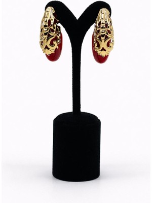 Pangu Bordo Renkli Altın Renk Desenli Halka Küpe