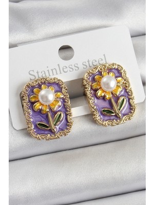 Aspata Store Buğz Pirinç Mor Mineli Papatya Figürlü Sanatsal Portre Model Gold Renk Kadın Küpe