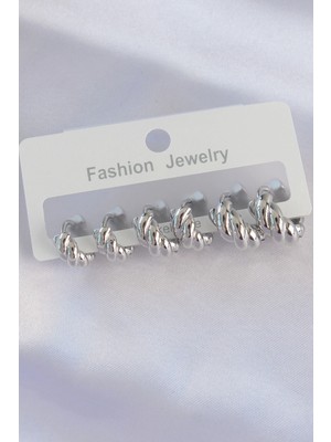 Aspata Store Buğz Pirinç Gümüş Renk Minimal Tırtıklı Küpe Seti