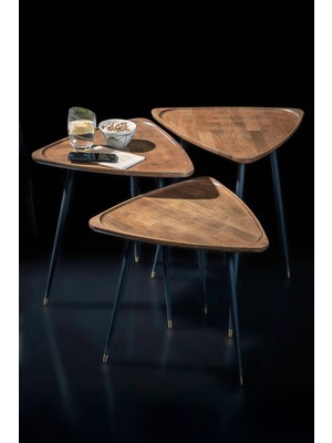 FAWdecor Üçgen Zigon Sehpa Seti 3’lü – Modern Masif Ahşap Orta & Yan Sehpa Takımı