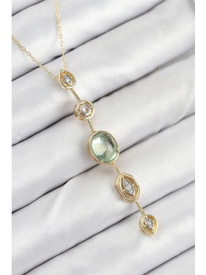 Aspata Store Buğz Pirinç Zincir Yeşil Gold Renk Zirkon Taşlı Y Kolye