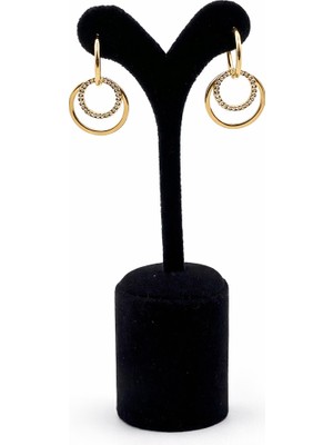 Pangu Altın Renk Çift Halka Taşlı Çelik Kadın Küpe