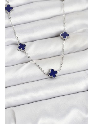 Aspata Store Buğz 316L Çelik Zincir Gümüş Renk Lacivert Baby Boy Yonca Kadın Kolye