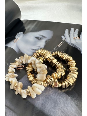 Modex Karamel Geometrik Taş Detay Lastikli Üçlü Bileklik Seti