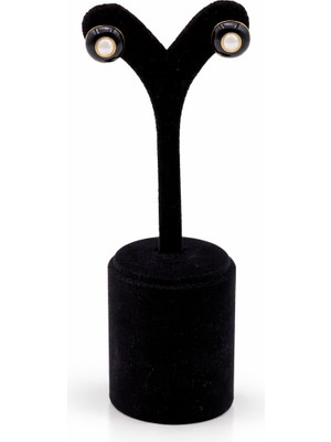 Pangu Inci Detaylı Siyah Mineli Yuvarlak Altın Renk Çelik Küpe