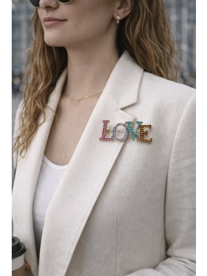 Modex Altın Sarısı Renkli Taş Detay Love Broş (4cm)