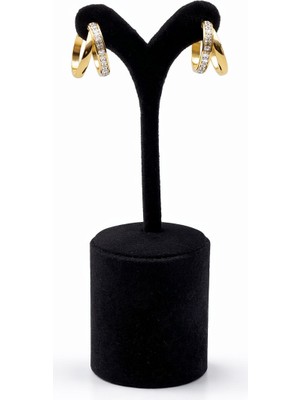 Pangu Zirkon Taş Detaylı Çift Halka Altın Renk Çelik Küpe