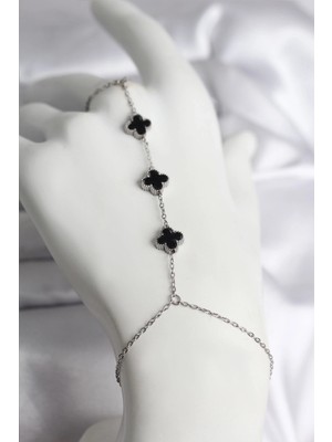 Aspata Store Buğz 316L Çelik Gümüş Renk Siyah Yonca Model Kadın Şahmeran