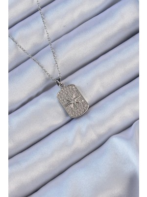 Aspata Store Buğz 316L Çelik Zincir Gümüş Renk Zirkon Taşlı Kutup Yıldızlı Vintage Kolye