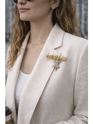 Modex Altın Rengi Taş Detay Müzik Nota Broş (4cm)