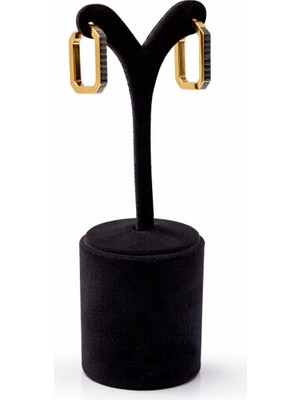 Pangu Siyah Zirkon Taş Detaylı Köşeli Altın Renk Çelik Küpe