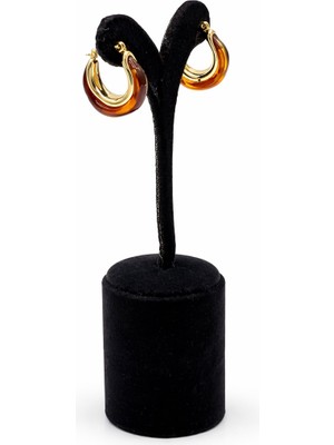 Pangu Kehribar Görünümlü Detaylı Altın Renk Halka Kadın Küpe