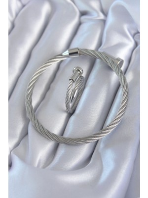 Aspata Store Buğz 316L Çelik Gümüş Renk Sarmal Model Erkek Bileklik Yüzük Kombini