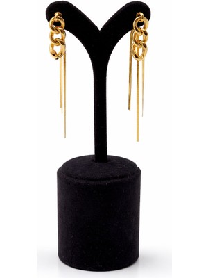 Pangu Zincir Detaylı Uzun Sallantılı Altın Renk Çelik Küpe