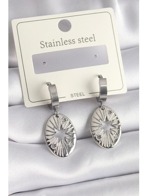 Aspata Store Buğz 316L Çelik Gümüş Renk Kutup Yıldızı Işleme Kadın Küpe