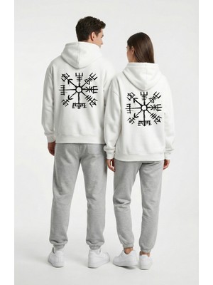 Nevermind Unisex Vegvisir Pusula Baskılı Sevgili Kombini Oversize Hoodie Seti