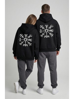 Nevermind Unisex Vegvisir Pusula Baskılı Sevgili Kombini Oversize Hoodie Seti