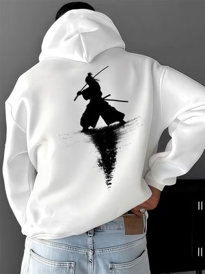 Nevermind Unisex Beyaz Oversize Hoodie Savaşçı Silüet Baskılı