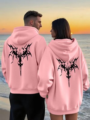 Nevermind Sevgili Çift Kombin Trend Baskılı Kapüşonlu Sweatshirt 2li Set Takım 3 Iplik