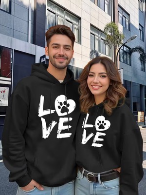 Nevermind Sevgili Çift Kombin Hoodie 2’li Set –love Pati Baskılı Unisex Oversize Kapüşonlu Sweatshirt, 3 Iplik