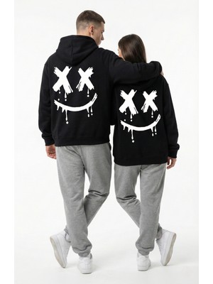 NEVERMIND Nevermind Unisex Smile Baskılı Sevgili Kombini Oversize Hoodie Seti
