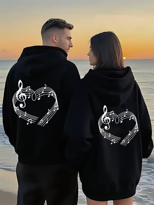 Nevermind Sevgili Çift Kombin Hoodie Notalı Kalp Baskılı Oversize Kapüşonlu Sweatshirt 2’li Set Unisex 3 Iplik