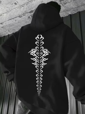 Nevermind Unisex Oversize Siyah Hoodie Omurga Figürlü Geometrik Baskılı Kapüşonlu Streetwear Sweatshirt