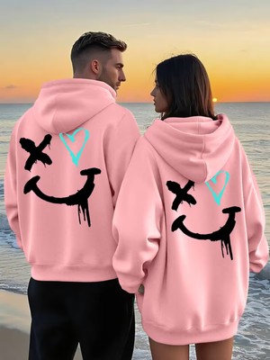 Nevermind Sevgili Çift Kombin Hoodie–yüz Kalp Baskılı Oversize Kapüşonlu Sweatshirt 2’li Set Unisex 3 Iplik
