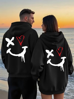 Nevermind Sevgili Çift Kombin Hoodie–yüz Kalp Baskılı Oversize Kapüşonlu Sweatshirt 2’li Set Unisex 3 Iplik
