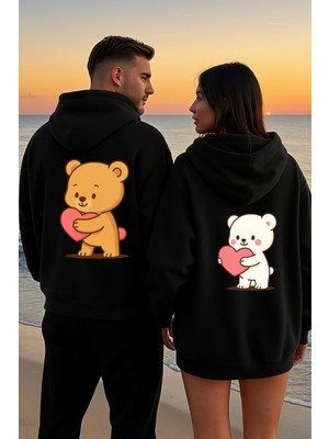 Nevermind Kalpli Ayıcık Sevgili Kombini Hoodie – Unisex Oversize Çift Sweatshirt 2’li Set