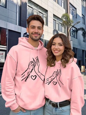 Nevermind Sevgili Çift Kombin Hoodie Set Kalp ve Eller Baskılı Unisex Oversize 3 Iplik