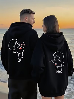 Nevermind Sevgili Çift Kombin Hoodie 2’li Set–unisex Oversize Kapüşonlu Hoodie, Sevimli Figür Baskılı, 3 Iplik