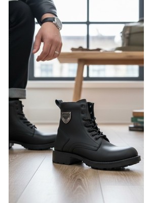 Enoch Hakiki Deri Metal Amblem Detaylı Bağcıklı Erkek Bot