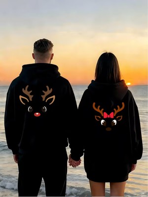Nevermind Sevgili Çift Kombin Hoodie Geyik Baskılı Oversize Kapüşonlu Sweatshirt 2’li Set Unisex 3 Iplik