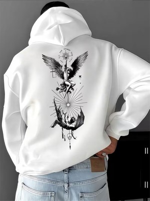 Nevermind Unisex Beyaz Oversize Hoodie Kanatlı Figür Baskılı