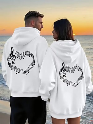 Nevermind Sevgili Çift Kombin Hoodie Notalı Kalp Baskılı Oversize Kapüşonlu Sweatshirt 2’li Set Unisex 3 Iplik