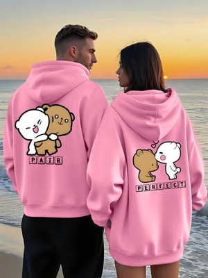 Nevermind Sevgili Kombin Hoodie Çift Sweatshirt – Çiftlere Özel Ayıcık Baskılı Pair Perfect Kapüşonlu Oversize