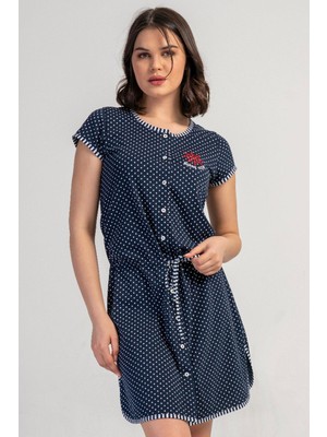 Vienetta Kadın Önden Düğmeli Kısa Kol Puantiyeli Lacivert Gecelik Tunik C0T7N3305