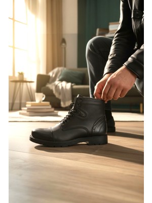 Enoch Hakiki Deri Siyah Burun Dikişli ve Dokulu Erkek Bot