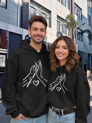 Nevermind Sevgili Çift Kombin Hoodie Set Kalp ve Eller Baskılı Unisex Oversize 3 Iplik