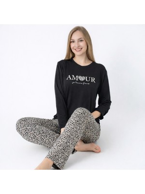 CharMe Noveya Amour Leopar Desenli Uzun Kollu Siyah Kadın Pijama Takımı – Yumuşak Dokulu Ev Giyimi