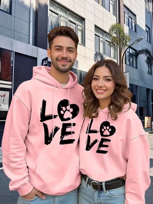 Nevermind Sevgili Çift Kombin Hoodie 2’li Set –love Pati Baskılı Unisex Oversize Kapüşonlu Sweatshirt, 3 Iplik