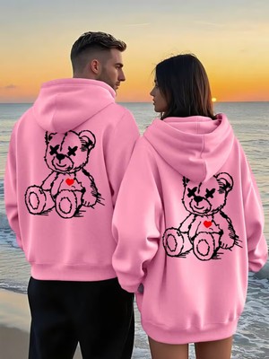 Nevermind Sevgili Çift Kombin Ayıcık Baskılı Kapüşonlu Sweatshirt 2li Set Takım 3 Iplik