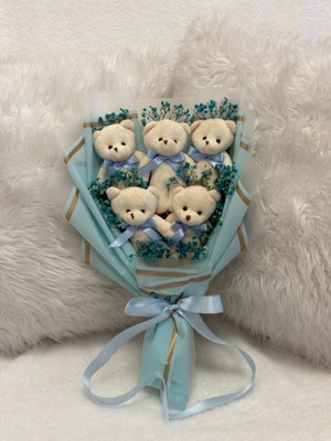 Salish Teddy Bear Çiçek Buketi - Peluş Ayıcık, Mavi Kurdele, Çiçek Detaylı - Mavi Hediye Buketi