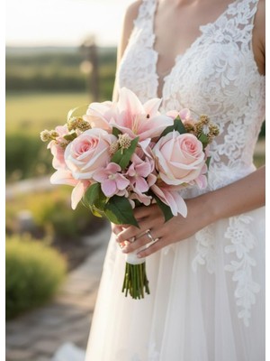 Nettenevime Yapay Çiçek Gelin Çiçeği Buketi Pembe Açık Gül Lilyum ve Aradal Çiçekleri 40*25CM