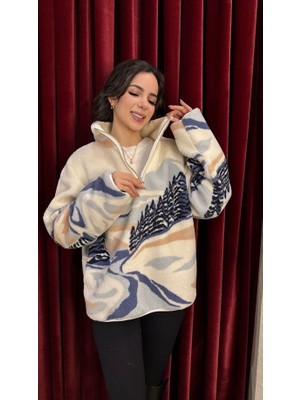 Leilaa Dik Yaka Yarım Fermuarlı Manzara Desenli Polar Sweatshirt