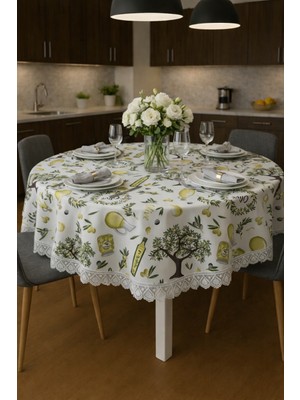 Rona Home Zeytin Dalı Desenli Kenarı Güpürlü Lüks Yuvarlak Masa Örtüsü Leke Tutmaz Duck Kumaş Şık Sofra Bezi