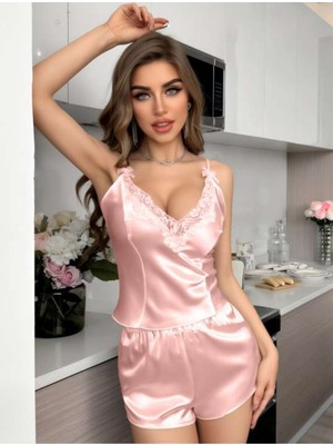 MyDora Lingerie Pudra Saten Dantel Işlemeli Askılı Şortlu Pijama Takımı