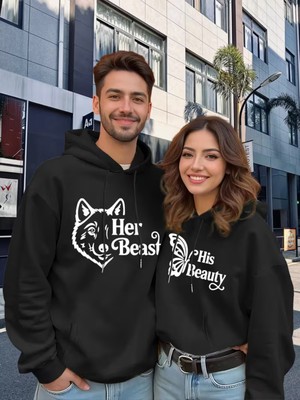 Nevermind Sevgili Çift Kombin Hoodie Set His Beauty Her Beast Baskılı Unisex Oversize 3 Iplik